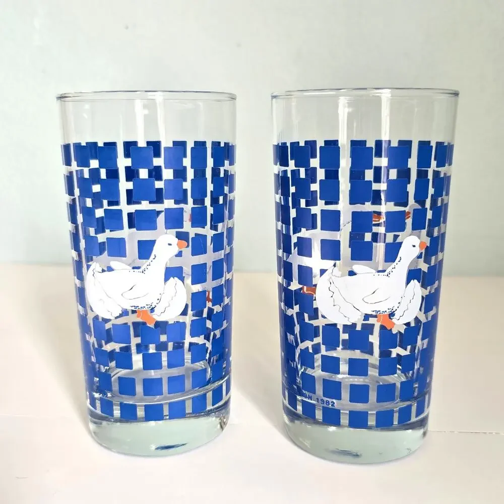 Vintage 80s Carlton White Geese Drinking Glassed Country Blue Checker Farmhouse